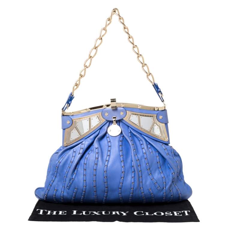 Pre Owned Versace Blue Leather Mirror Frame Chain Shoulder Bag