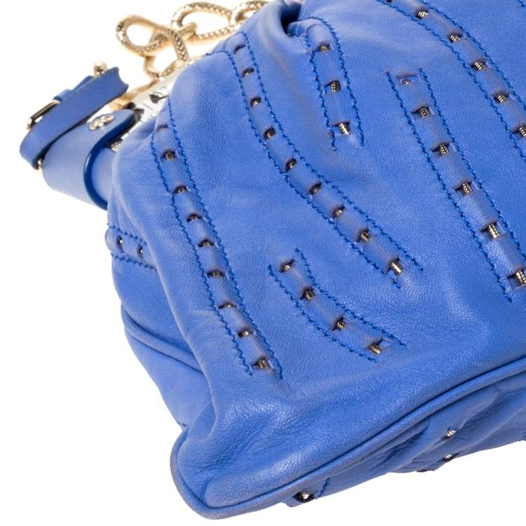 Pre Owned Versace Blue Leather Mirror Frame Chain Shoulder Bag