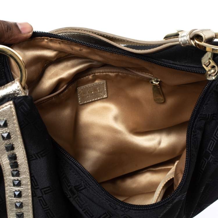 Pre Owned Versace Black/Gold Nylon and Leather Studded Hobo