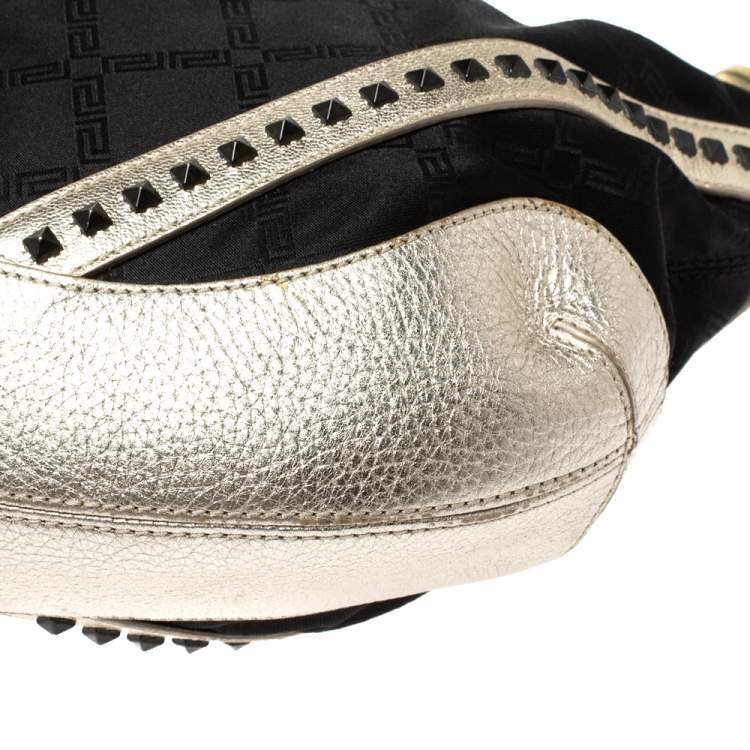 Pre Owned Versace Black/Gold Nylon and Leather Studded Hobo