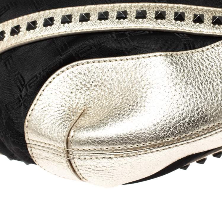 Pre Owned Versace Black/Gold Nylon and Leather Studded Hobo