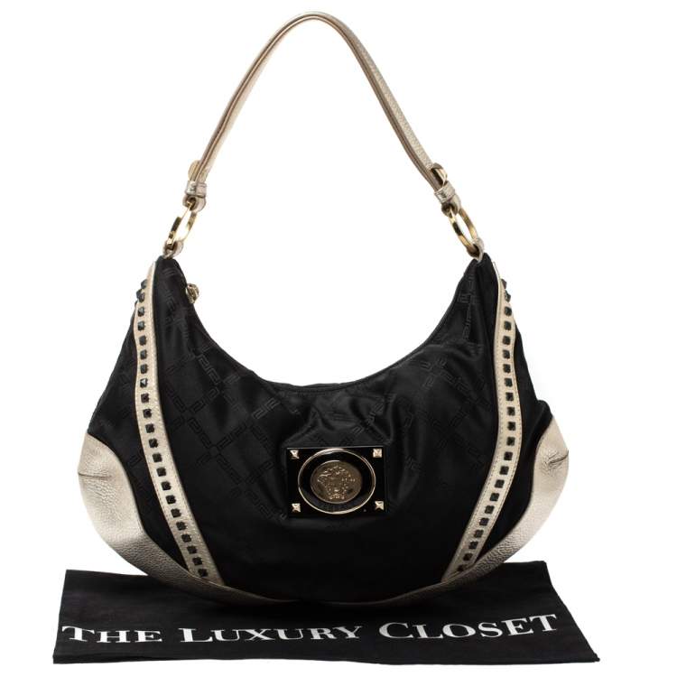 Pre Owned Versace Black/Gold Nylon and Leather Studded Hobo