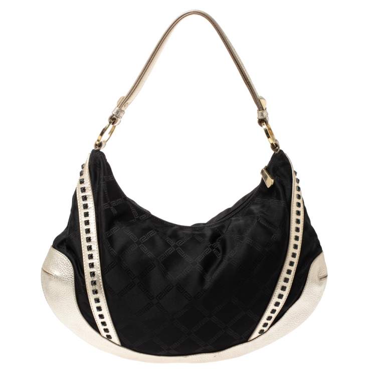 Pre Owned Versace Black/Gold Nylon and Leather Studded Hobo