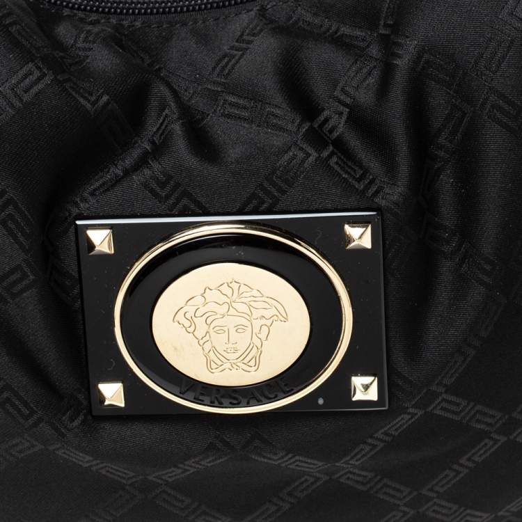 Pre Owned Versace Black/Gold Nylon and Leather Studded Hobo