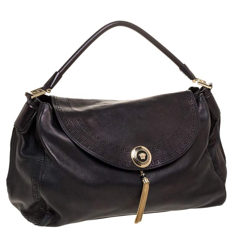 Pre Owned Versace Metallic Black Barocco Leather Altea Hobo