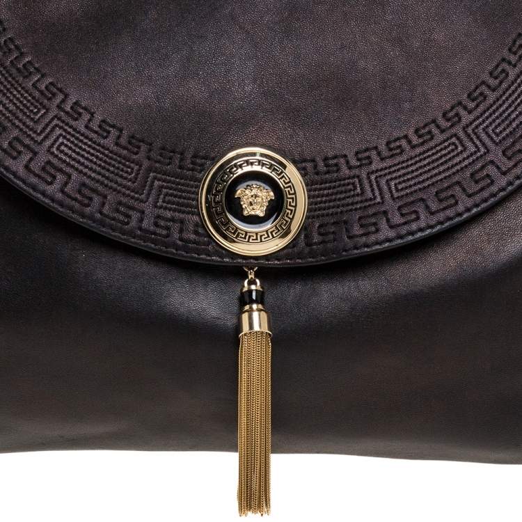 Pre Owned Versace Metallic Black Barocco Leather Altea Hobo