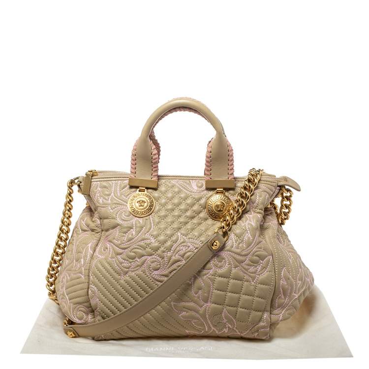 Pre Owned Versace Beige/Pink Quilted Leather Vanitas Satchel
