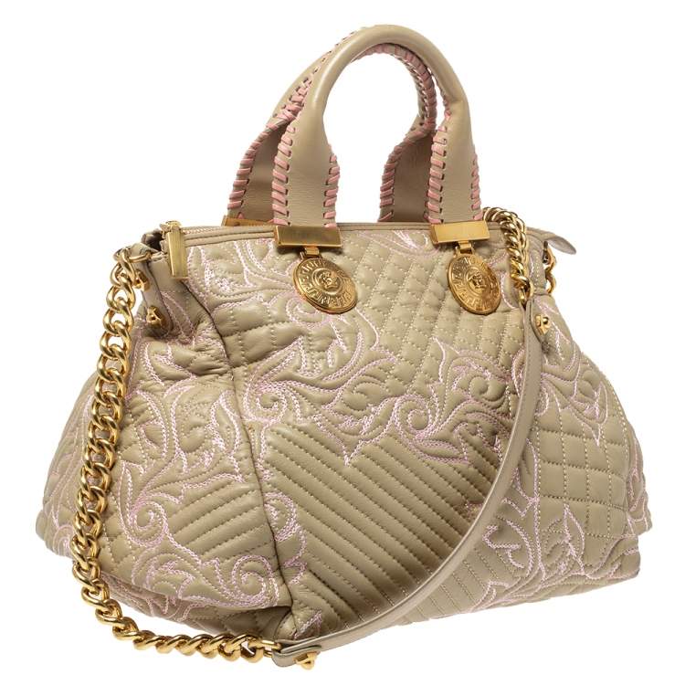 Pre Owned Versace Beige/Pink Quilted Leather Vanitas Satchel