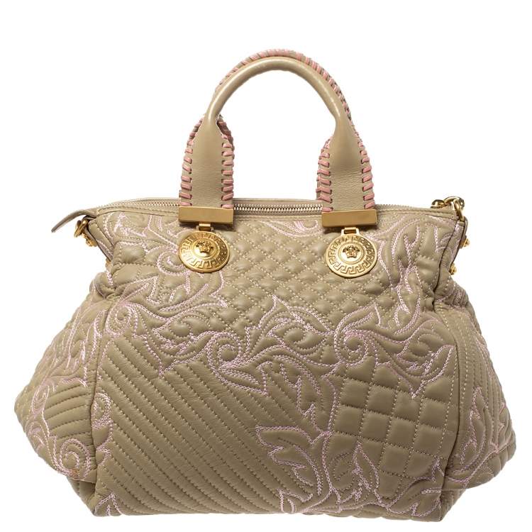 Pre Owned Versace Beige/Pink Quilted Leather Vanitas Satchel