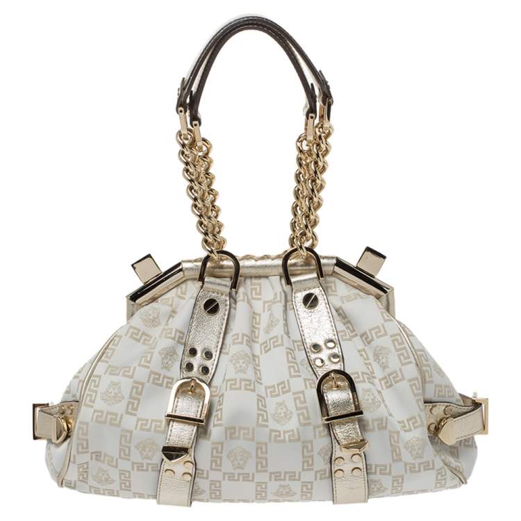 Pre Owned Versace Gold/White Signature Fabric and Leather Frame Satchel