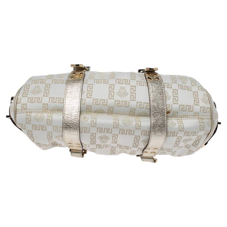 Pre Owned Versace Gold/White Signature Fabric and Leather Frame Satchel