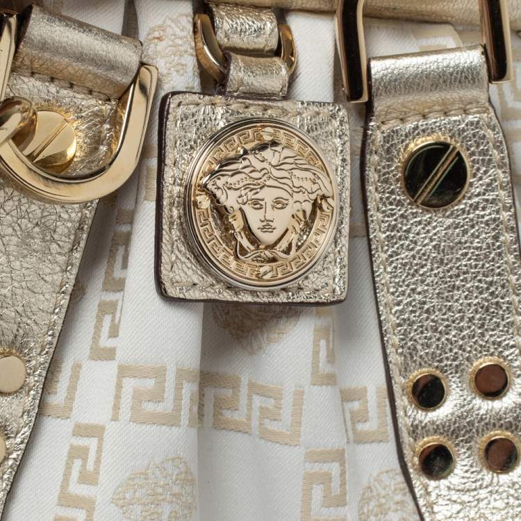 Pre Owned Versace Gold/White Signature Fabric and Leather Frame Satchel