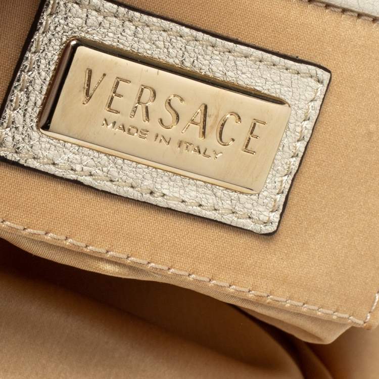 Pre Owned Versace Gold/White Signature Fabric and Leather Frame Satchel