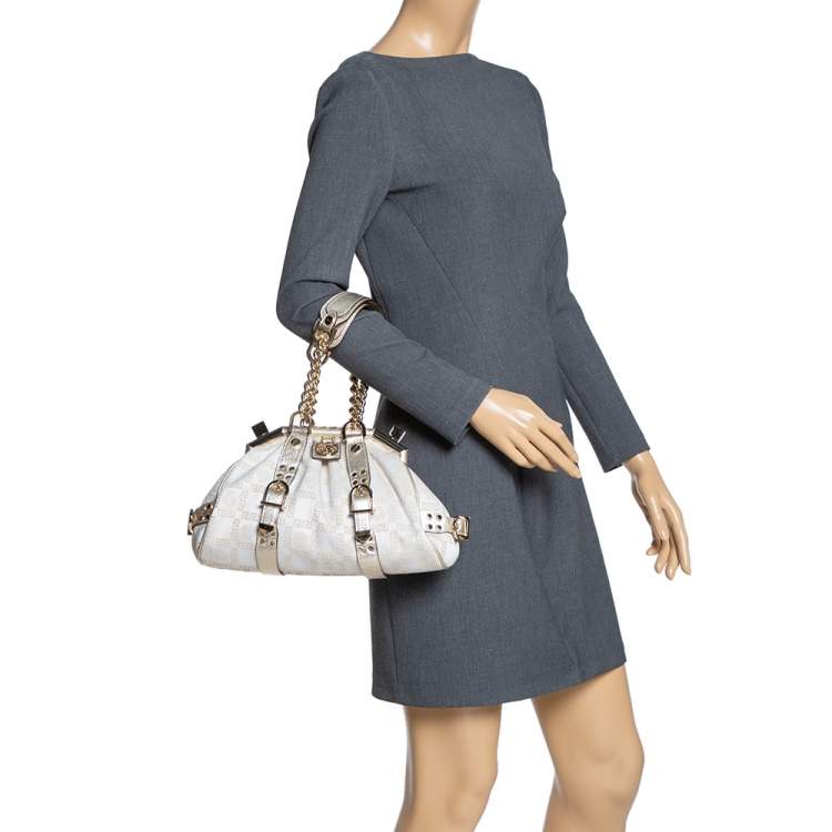 Pre Owned Versace Gold/White Signature Fabric and Leather Frame Satchel