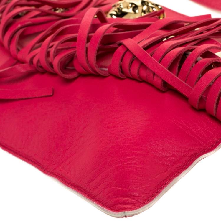 Pre Owned Versace Hot Pink Leather Fringed Medusa Shoulder Bag