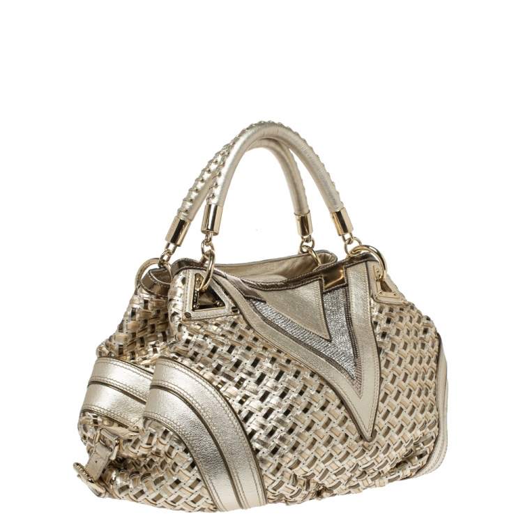Pre Owned Versace Metallic Gold Woven Leather Crystal Embellished V Satchel