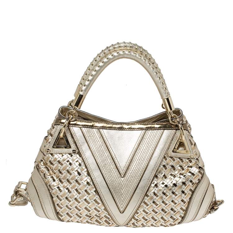 Pre Owned Versace Metallic Gold Woven Leather Crystal Embellished V Satchel