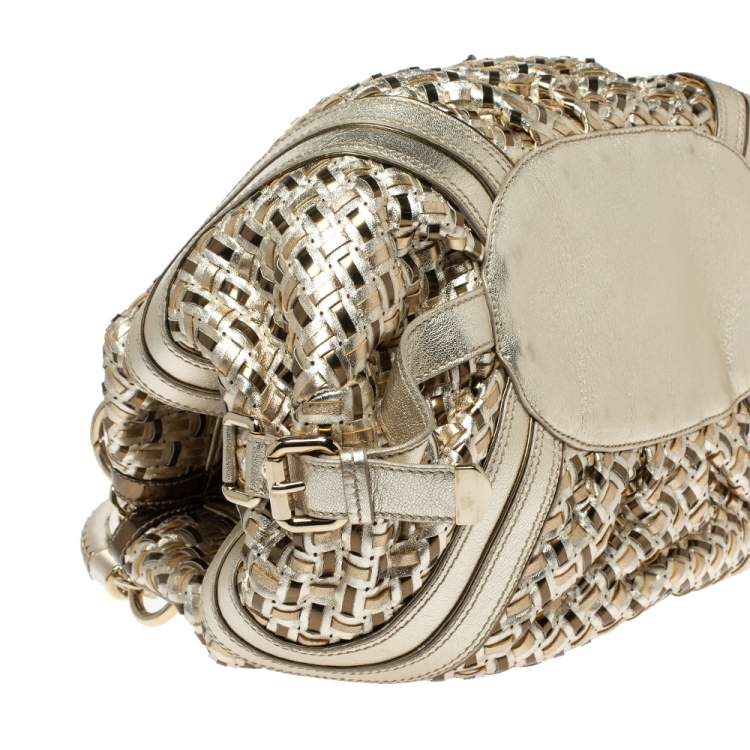 Pre Owned Versace Metallic Gold Woven Leather Crystal Embellished V Satchel