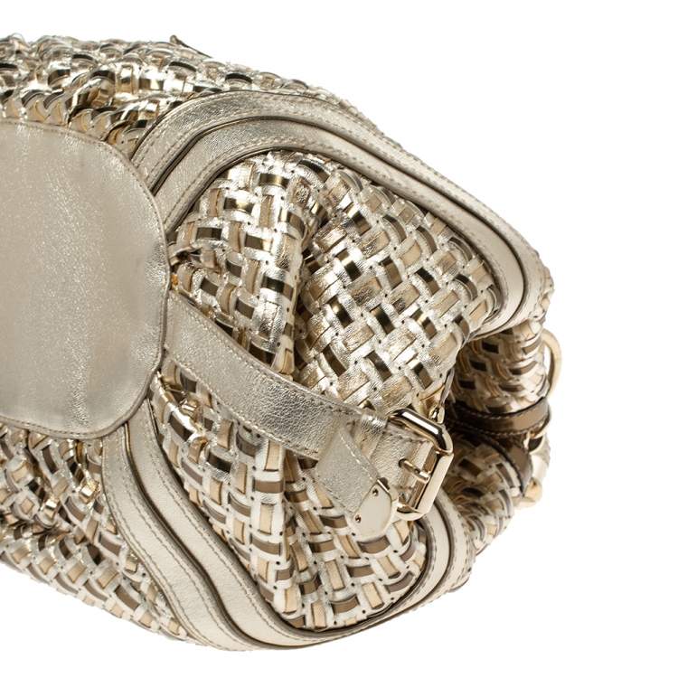 Pre Owned Versace Metallic Gold Woven Leather Crystal Embellished V Satchel