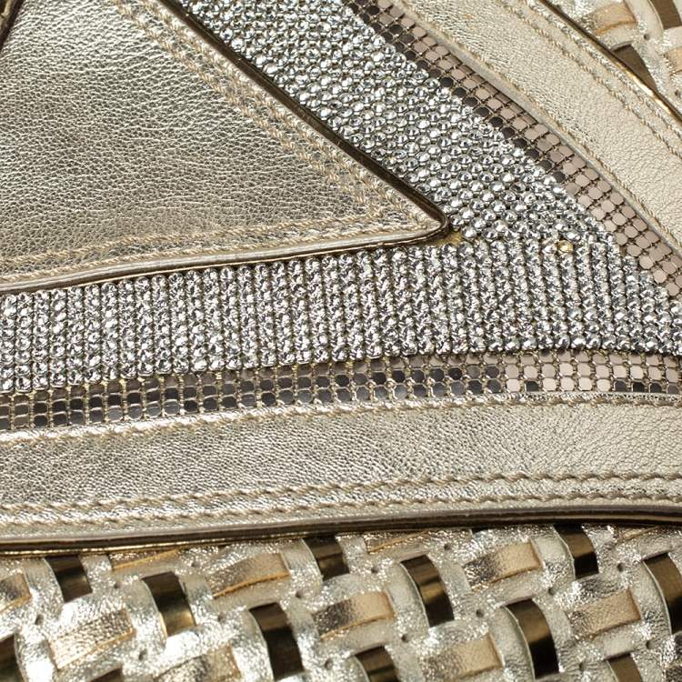 Pre Owned Versace Metallic Gold Woven Leather Crystal Embellished V Satchel