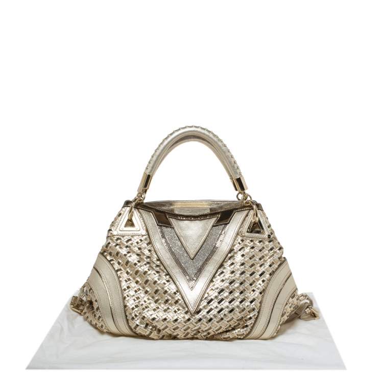 Pre Owned Versace Metallic Gold Woven Leather Crystal Embellished V Satchel