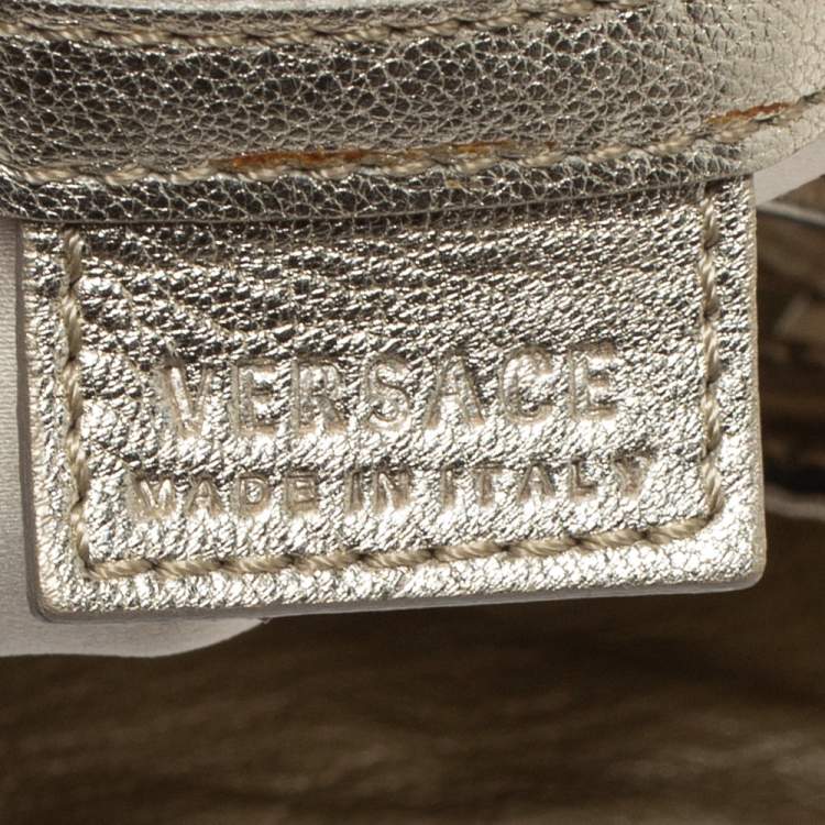 Pre Owned Versace Metallic Gold Woven Leather Crystal Embellished V Satchel