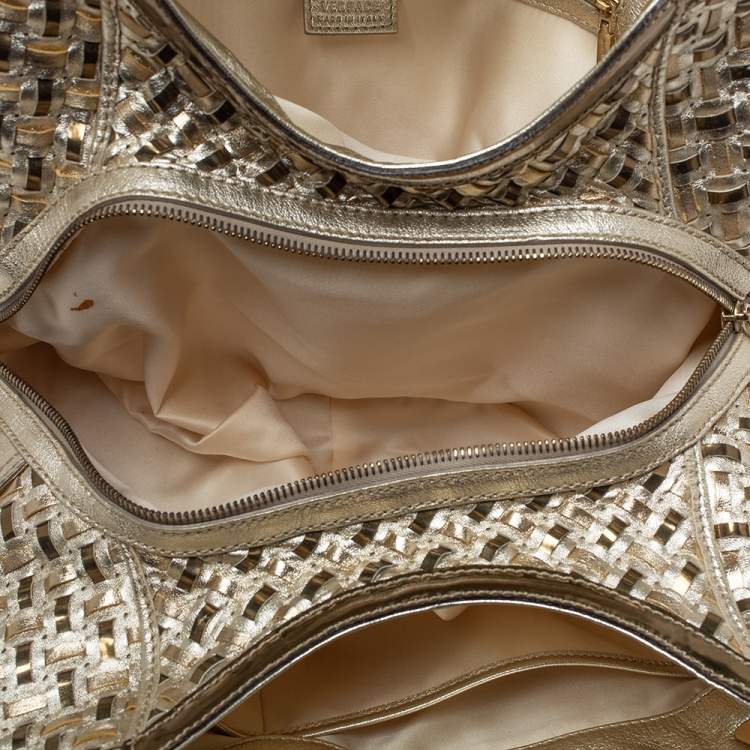 Pre Owned Versace Metallic Gold Woven Leather Crystal Embellished V Satchel