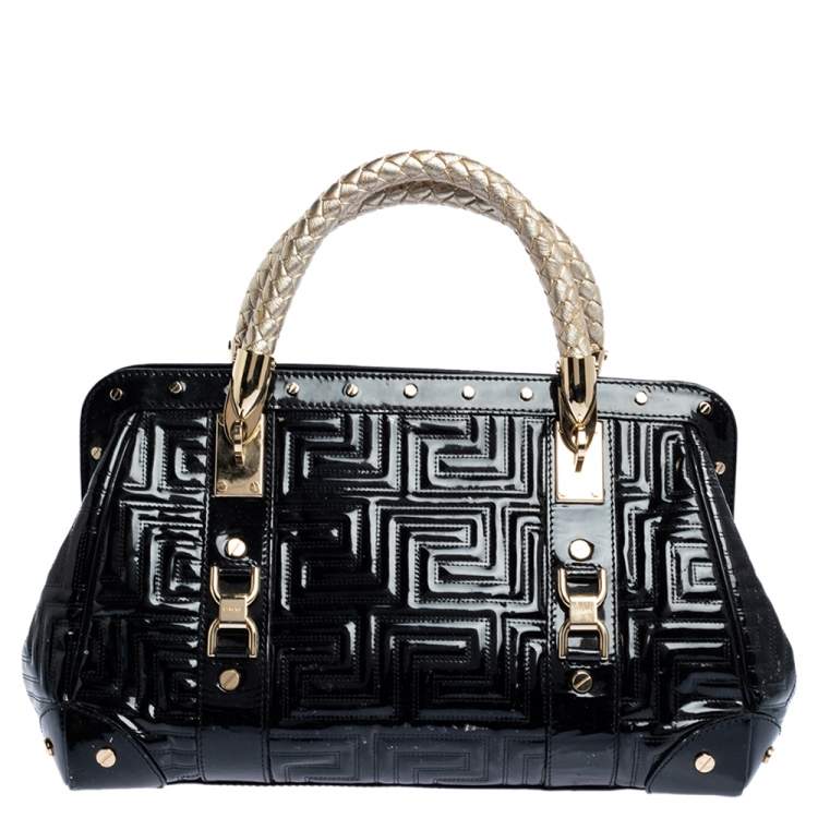 Pre Owned Versace Black Patent Leather Snap Out Of It Satchel