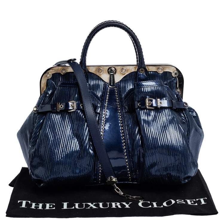 Pre Owned Versace Blue Striped Patent Leather Studded Frame Satchel 