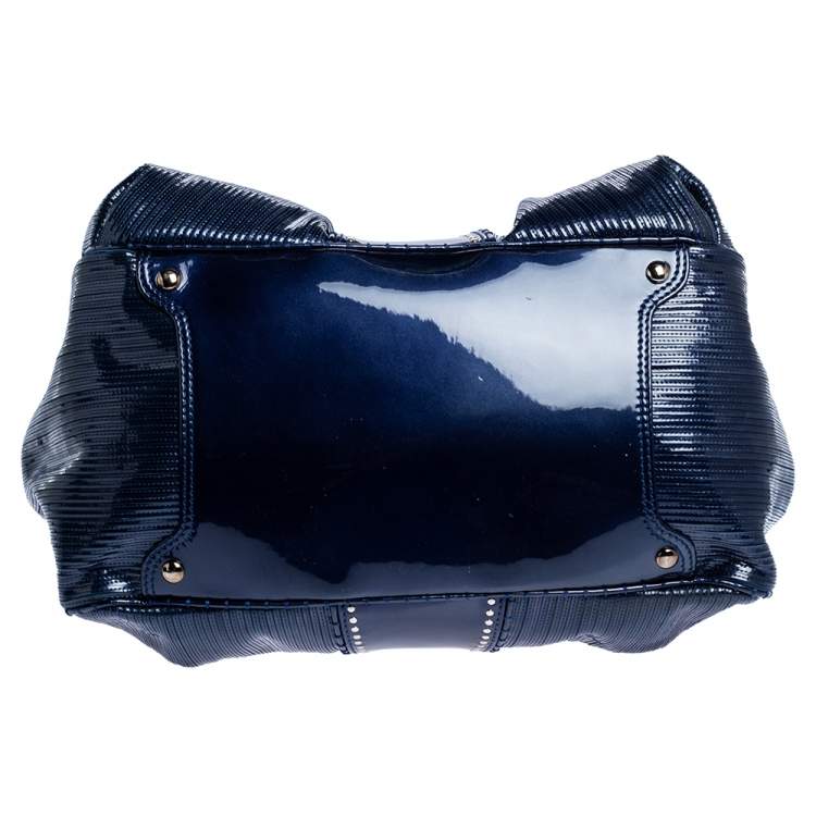 Pre Owned Versace Blue Striped Patent Leather Studded Frame Satchel 