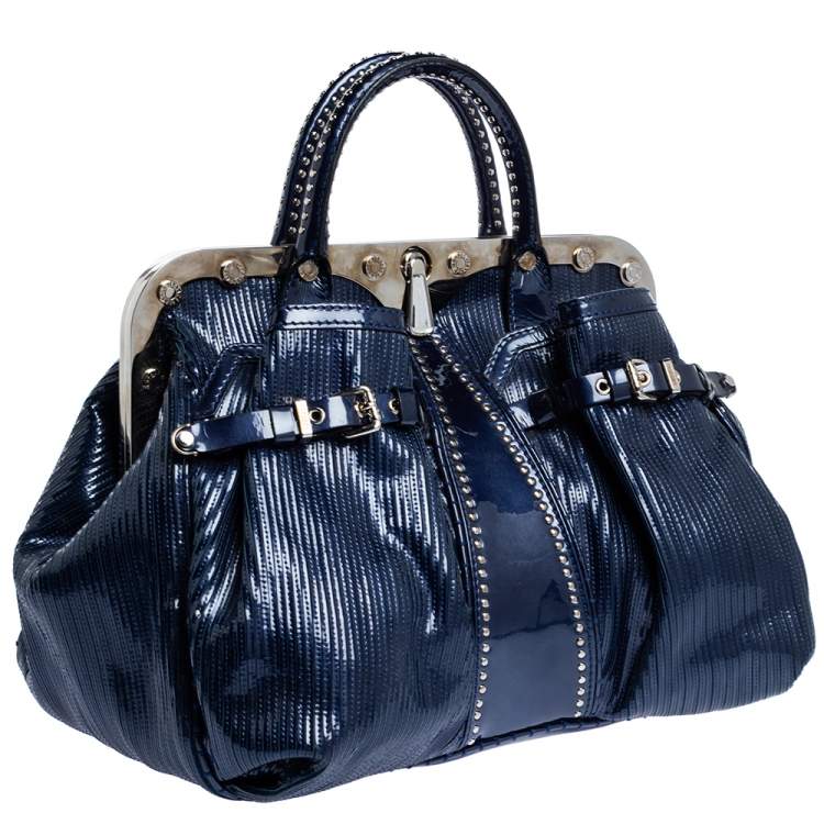 Pre Owned Versace Blue Striped Patent Leather Studded Frame Satchel 