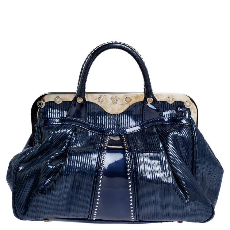 Pre Owned Versace Blue Striped Patent Leather Studded Frame Satchel 