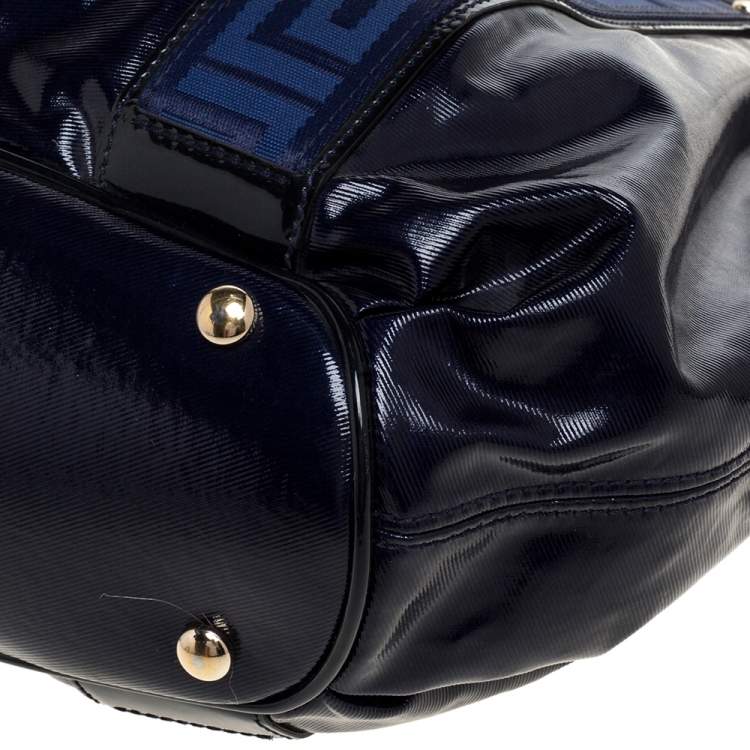 Pre Owned Versace Two Tone Blue Patent Vinyl and Leather Side Zip Tote