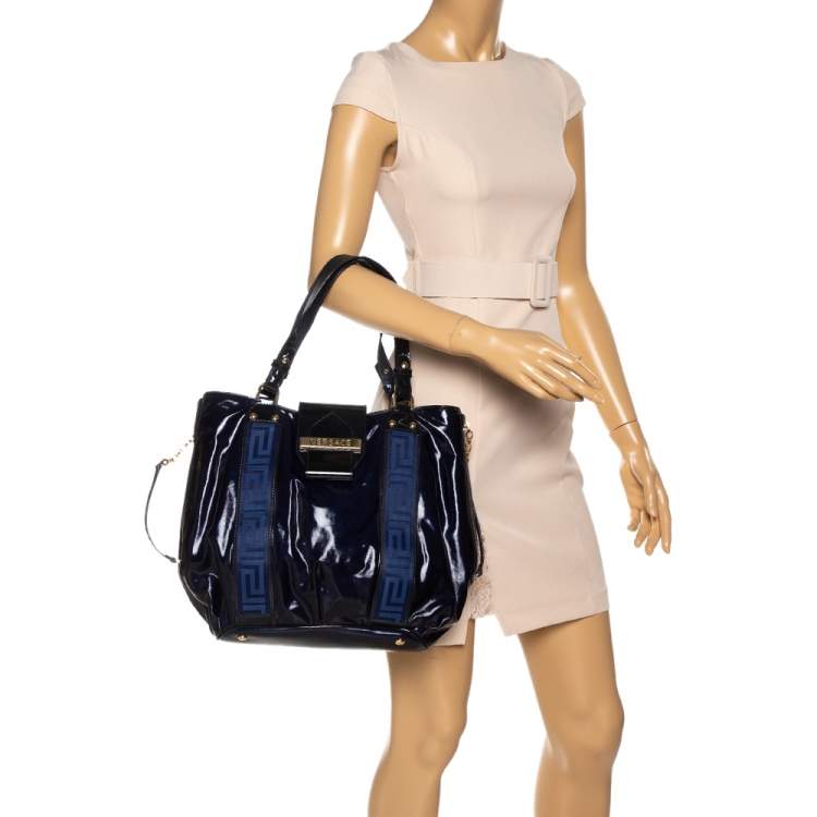 Pre Owned Versace Two Tone Blue Patent Vinyl and Leather Side Zip Tote