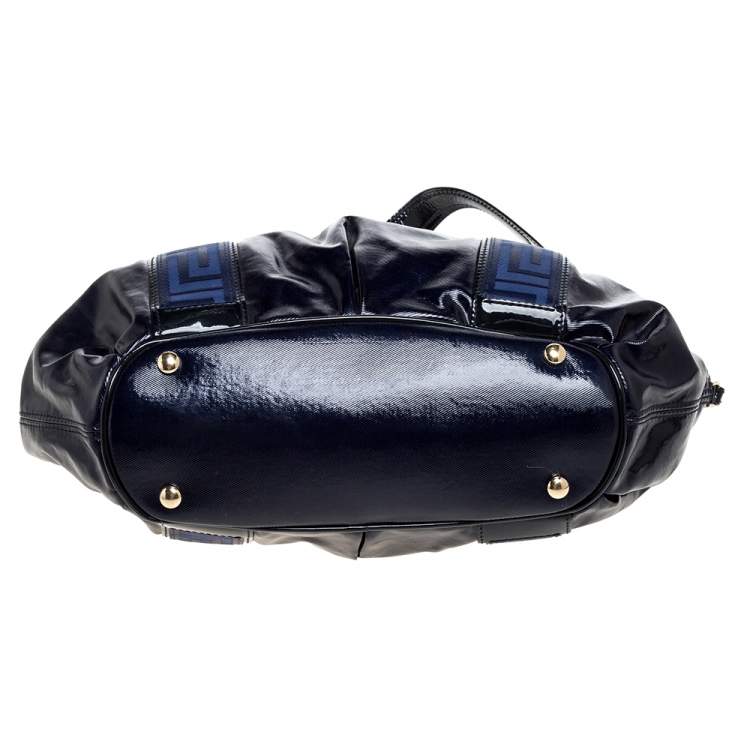 Pre Owned Versace Two Tone Blue Patent Vinyl and Leather Side Zip Tote