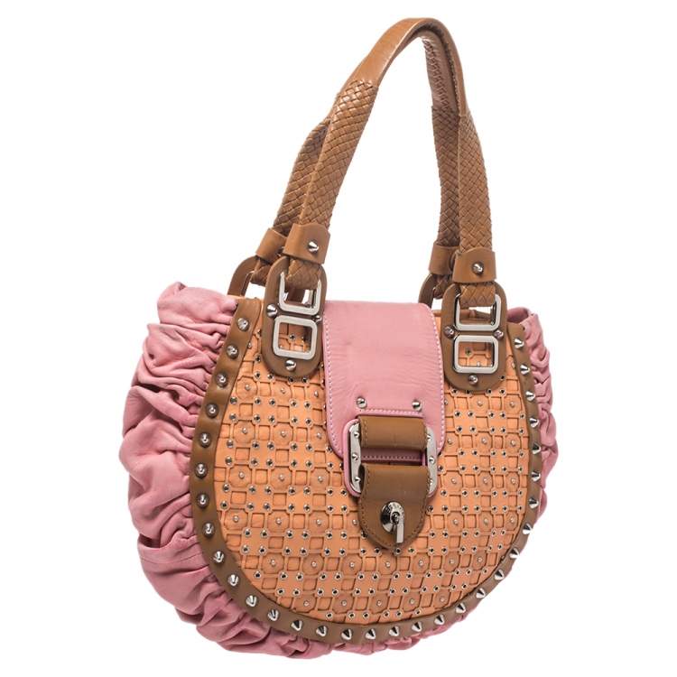 Pre Owned Versace Multicolor Pleated Leather Spike Studded Shoulder Bag