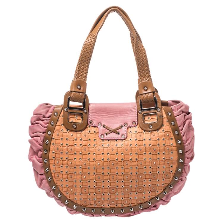 Pre Owned Versace Multicolor Pleated Leather Spike Studded Shoulder Bag