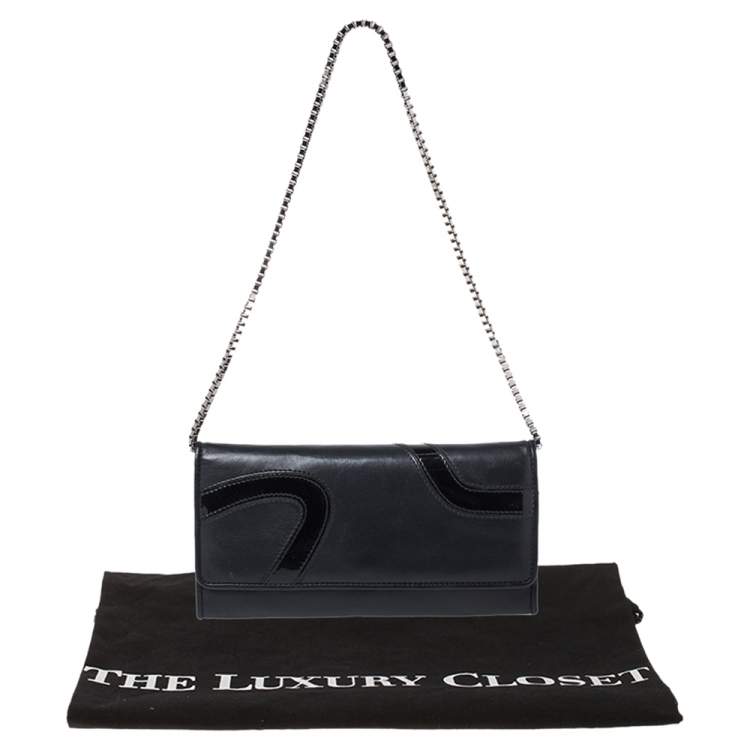Pre Owned Versace Black Leather and Patent Leather Wallet on Chain