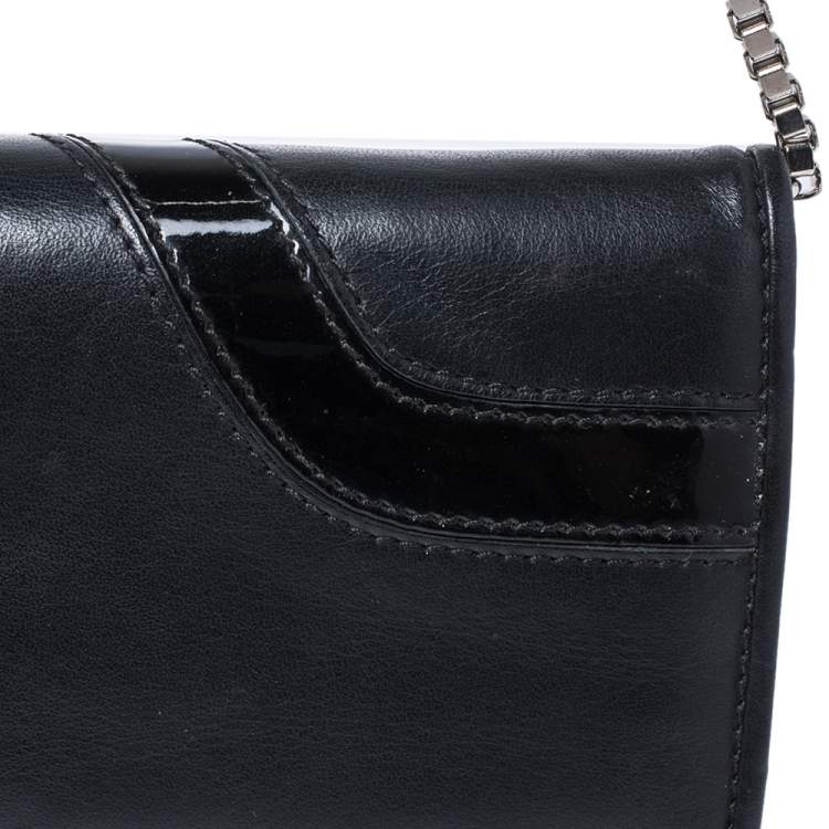 Pre Owned Versace Black Leather and Patent Leather Wallet on Chain