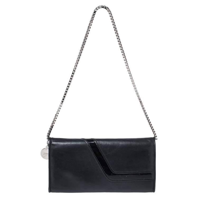 Pre Owned Versace Black Leather and Patent Leather Wallet on Chain