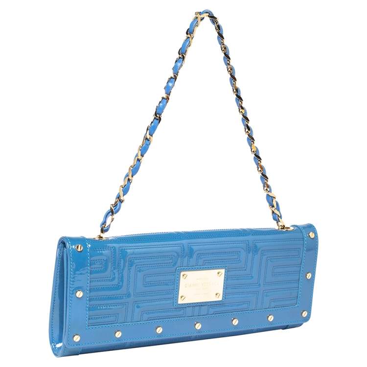 Pre Owned Versace Blue Quilted Patent Leather Flap Shoulder Bag
