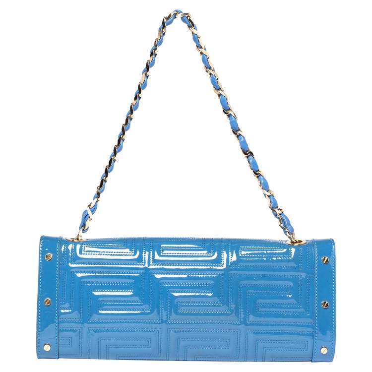 Pre Owned Versace Blue Quilted Patent Leather Flap Shoulder Bag