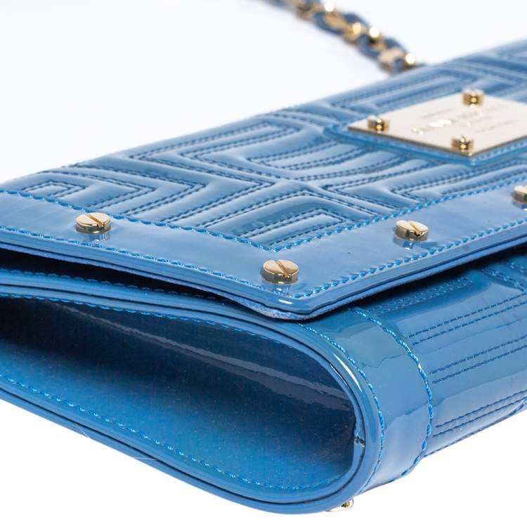 Pre Owned Versace Blue Quilted Patent Leather Flap Shoulder Bag