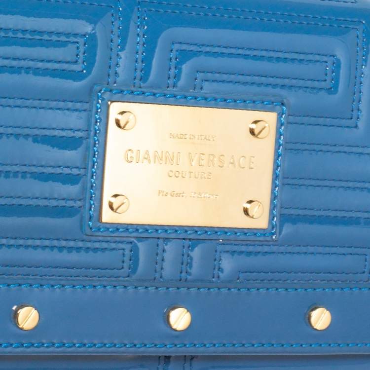 Pre Owned Versace Blue Quilted Patent Leather Flap Shoulder Bag