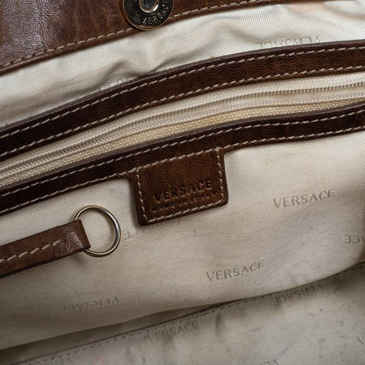 Pre Owned Versace Brown Signature Canvas and Leather Palazzo Plaque Shoulder Bag