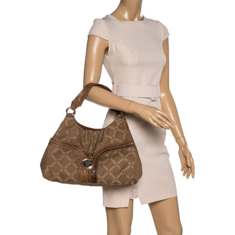 Pre Owned Versace Brown Signature Canvas and Leather Palazzo Plaque Shoulder Bag