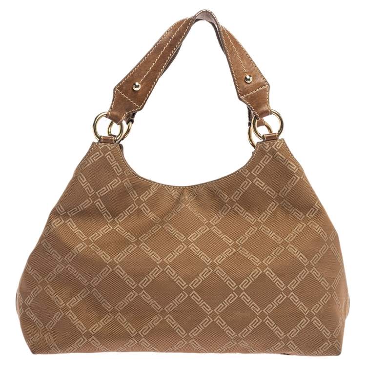 Pre Owned Versace Brown Signature Canvas and Leather Palazzo Plaque Shoulder Bag