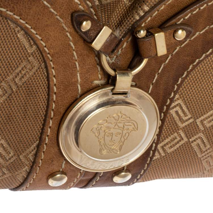 Pre Owned Versace Brown Signature Canvas and Leather Palazzo Plaque Shoulder Bag