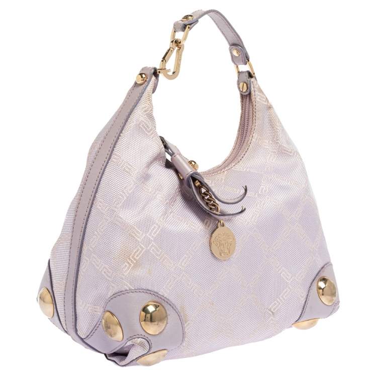 Pre Owned Versace Lilac Signature Canvas and Leather Small Studded Hobo
