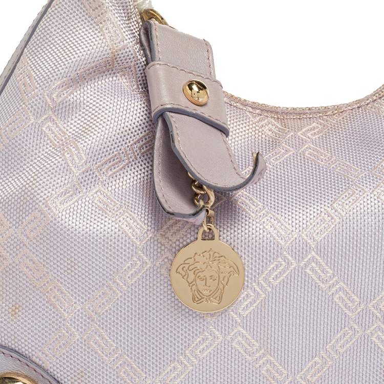Pre Owned Versace Lilac Signature Canvas and Leather Small Studded Hobo